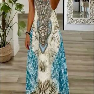 NWOT Ladies Sz S Elegant Blue and Black Patterned Maxi Dress